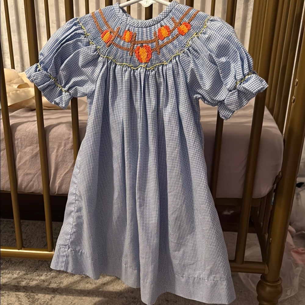 Blue and Orange Embroidered Pumpkins Kids Dress